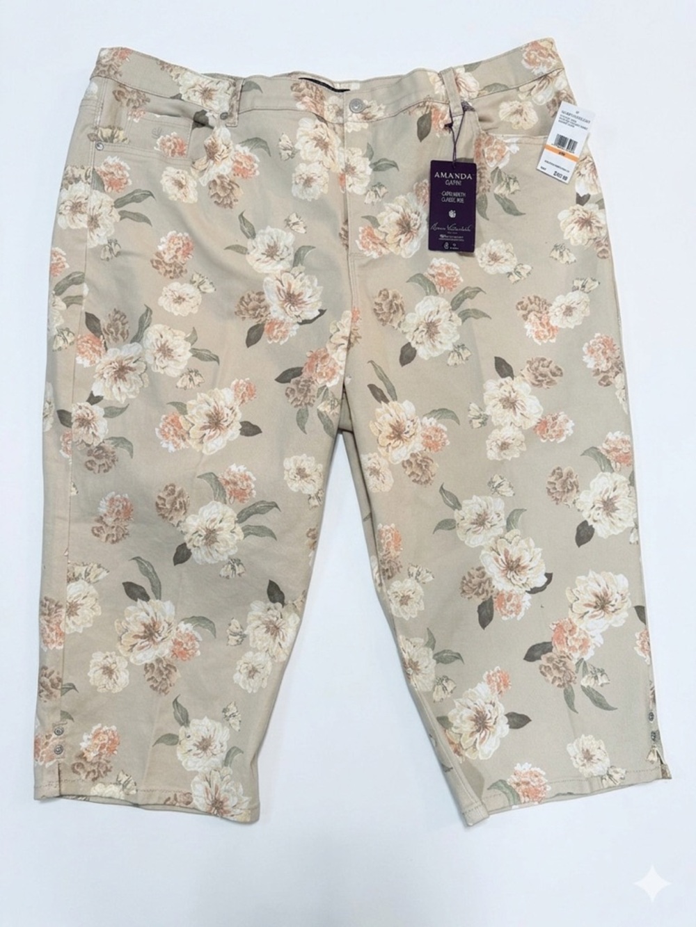 NWT Gloria Vanderbilt AMANDA Capri Pants 24W Tan Floral Classic Rise Crop